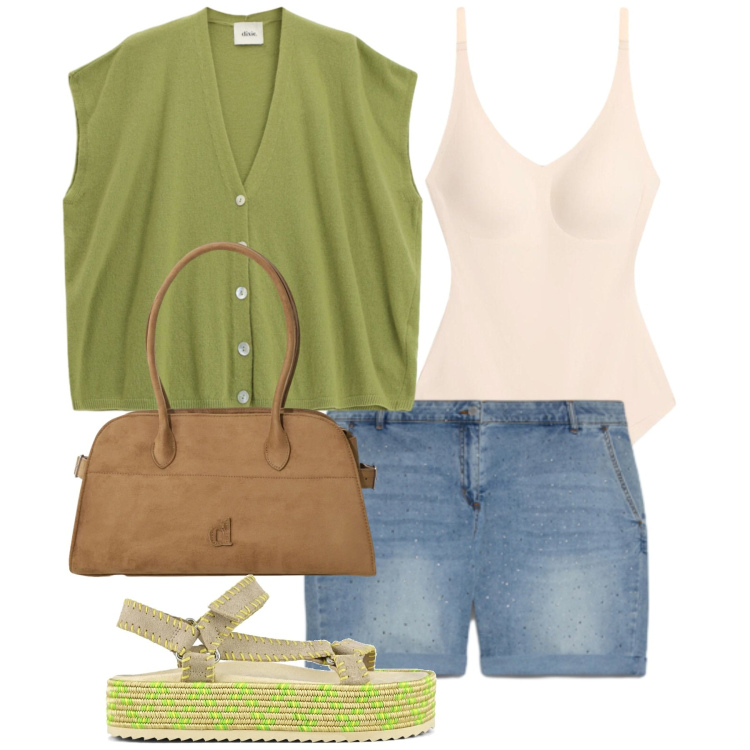 Outfit donna - Verde prato. Stile Casual per Tutti i giorni. Abbinamento con body, borse a spalla, maglieria, shorts, sandali.