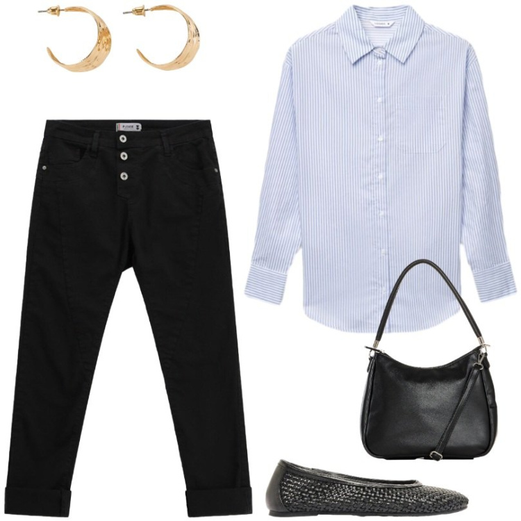 Outfit donna - La camicia azzurra a righe. Stile Casual per Tutti i giorni. Abbinamento con ballerine, orecchini, borse a mano, camicie, pantaloni.
