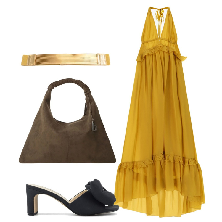Outfit donna - Ocra. Stile Romantica per Cerimonia. Abbinamento con borse a spalla, vestiti lunghi, cinture, sandali col tacco.