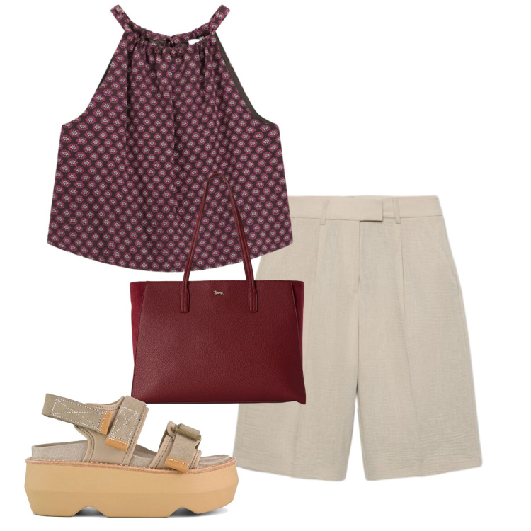 Outfit donna - Bordeaux. Stile Casual per Tutti i giorni. Abbinamento con shopping bag, bermuda, top, sandali col tacco.