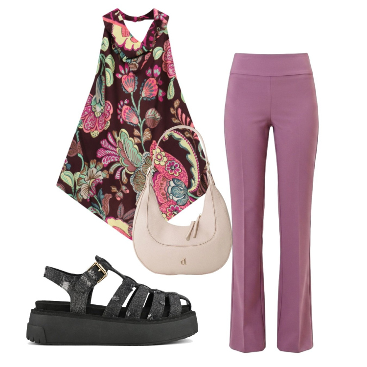Outfit donna - Triangolo. Stile Bon Ton per Serata fuori. Abbinamento con top, borse a tracolla, pantaloni, sandali.