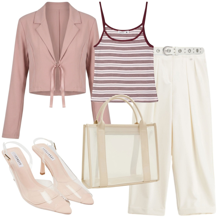 Outfit donna - Casual. Stile Casual per Tutti i giorni. Abbinamento con canottiere, sandali col tacco, borse tote, cinture, pantaloni, bolero.