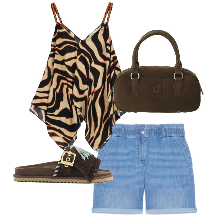 Outfit donna - Animalier e shorts in denim. Stile Casual chic per Tutti i giorni. Abbinamento con borse a mano, top, shorts, sandali in pelle.