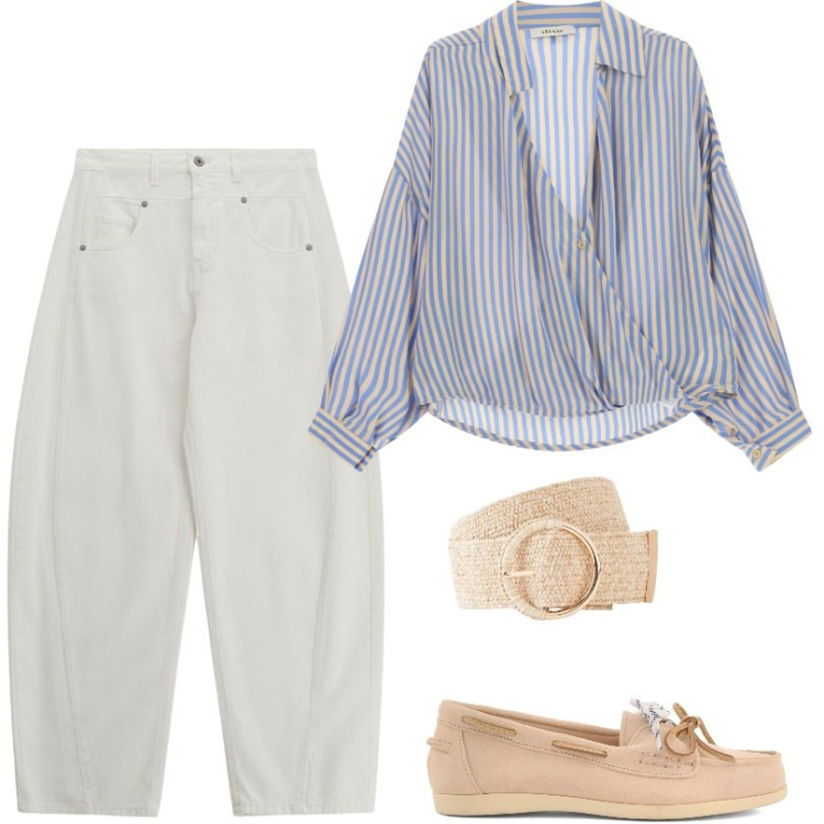 Outfit donna - Camicia a righe e jeans bianchi. Stile Casual per Tutti i giorni. Abbinamento con cinture, camicie, jeans, mocassini.