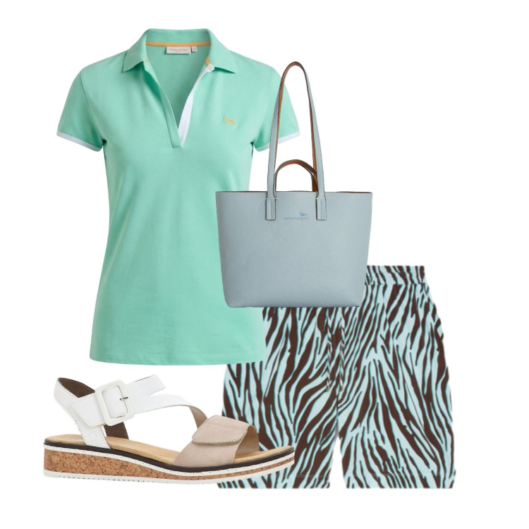 Outfit donna - Acquamarina. Stile Casual per Tutti i giorni. Abbinamento con sandali, polo, shopping bag, shorts.