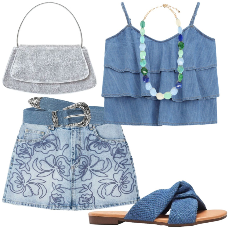 Outfit donna - Frivola. Stile Casual per Tutti i giorni. Abbinamento con ciabatte, cinture, minigonne, borse a spalla, top, collane.