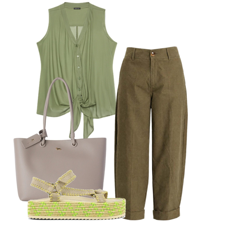 Outfit donna - Ufficio ad agosto. Stile Casual per Tutti i giorni. Abbinamento con shopping bag, pantaloni, top, sandali.