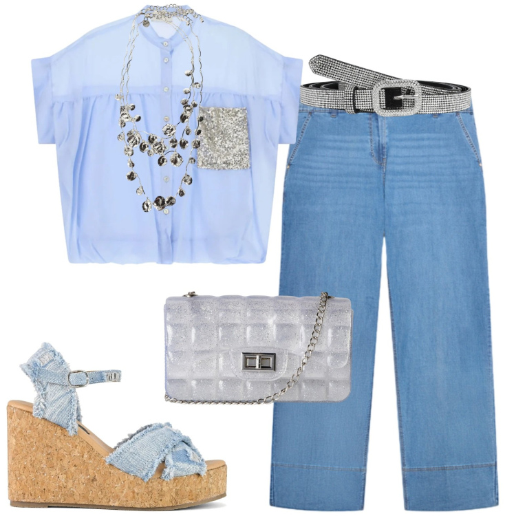 Outfit donna - Al lavoro. Stile Casual per Ufficio. Abbinamento con cinture, borse a tracolla, camicie a manica corta, collane, jeans, zeppe.