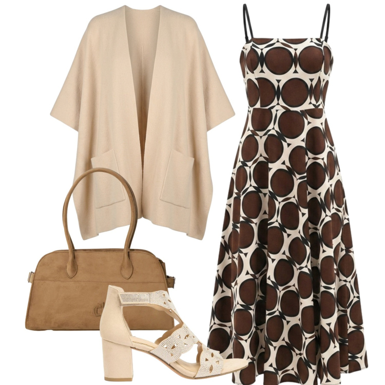 Outfit donna - Anni \'50. Stile Chic per Cerimonia. Abbinamento con sandali col tacco, borse a spalla, vestiti midi/longuette, cappe.