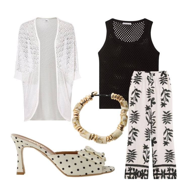 Outfit donna - Bianco per la laureanda. Stile Trendy per Cerimonia. Abbinamento con pantaloni, cardigans, top, sandali col tacco, braccialetti.