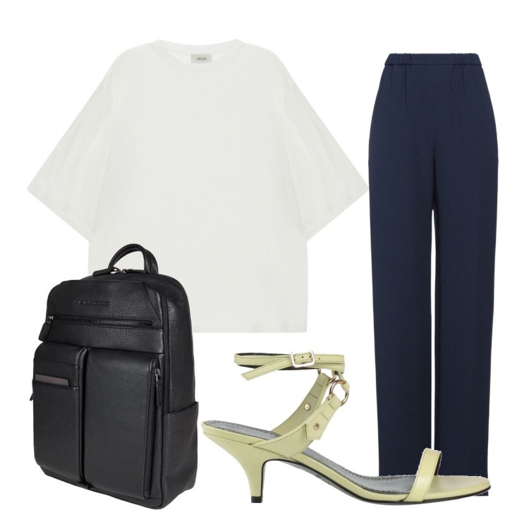 Outfit donna - In ufficio curvy. Stile Basic per Ufficio. Abbinamento con zaini, pantaloni, sandali in pelle, t-shirt.