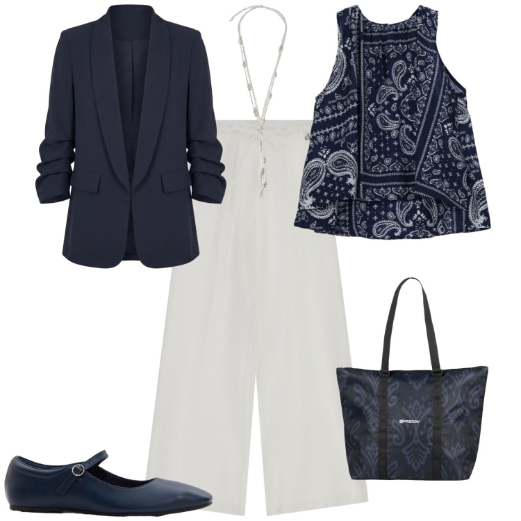 Outfit donna - Casual chic ogni giorno in città. Stile Casual chic per Tutti i giorni. Abbinamento con ballerine, pantaloni, canottiere, shopping bag, collane, blazer.