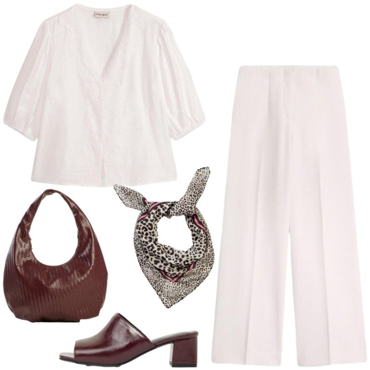 Outfit donna - Bianco panna. Stile Casual per Ufficio. Abbinamento con pantaloni, ciabatte, borse a mano, bluse, foulard.