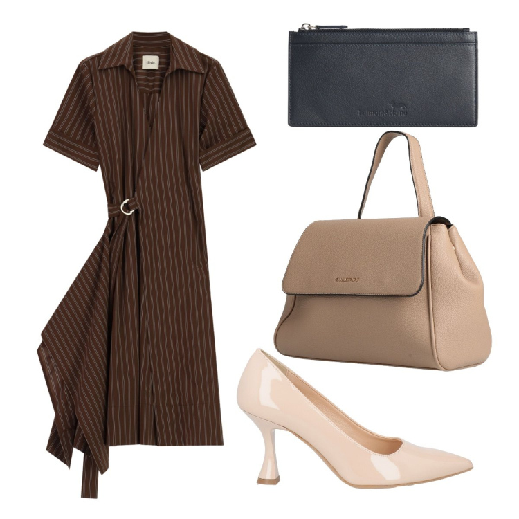 Outfit donna - Ufficio agosto. Stile Casual chic per Ufficio. Abbinamento con zaini, décolleté, portafogli, vestiti midi/longuette.