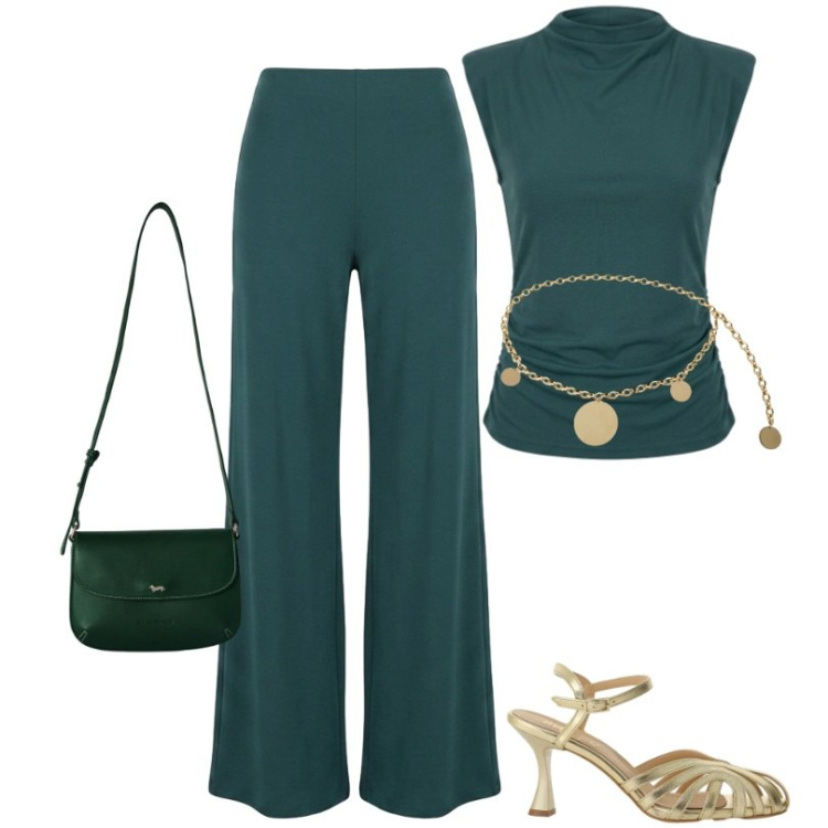 Outfit donna - verde petrolio. Stile Trendy per Tutti i giorni. Abbinamento con borse a tracolla, cinture, sandali col tacco, top, pantaloni a palazzo.