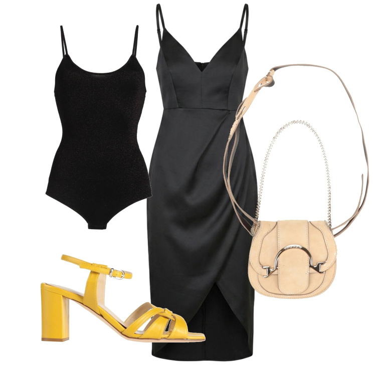 Outfit donna - Serata. Stile Chic per Serata fuori. Abbinamento con marsupi, body, sandali in pelle, vestiti asimmetrici.