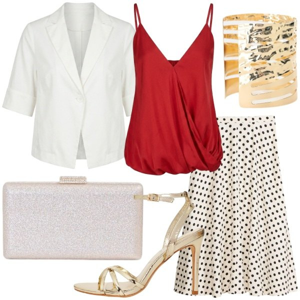 Outfit donna - Cena vista mare. Stile Glamour per Serata fuori. Abbinamento con gonne longuette, braccialetti, sandali col tacco, clutch, top, blazer.