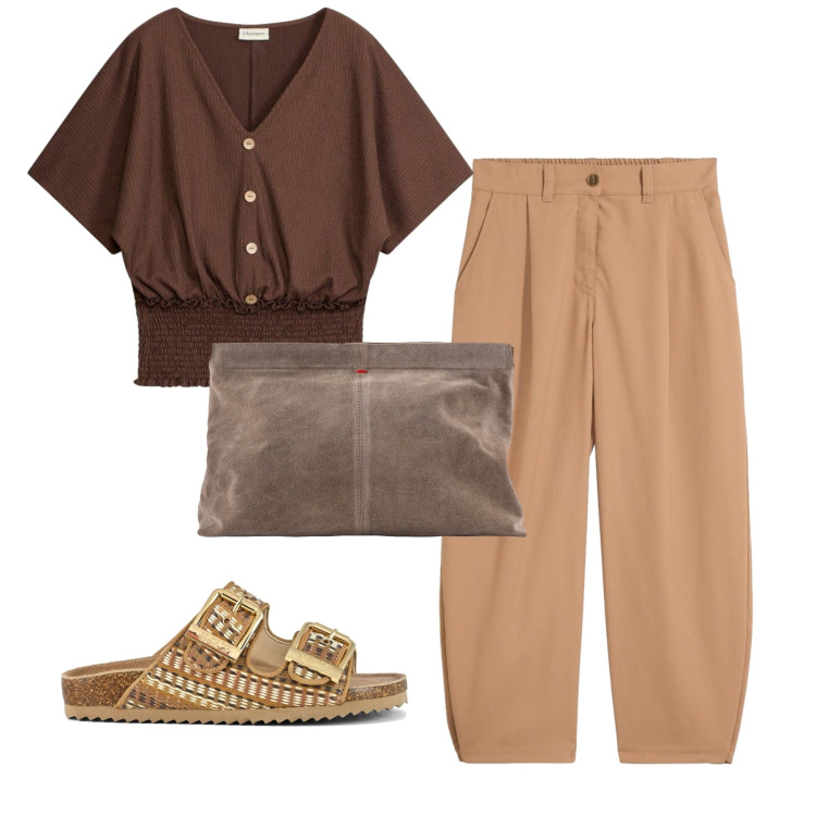 Outfit donna - Brown. Stile Bon Ton per Tutti i giorni. Abbinamento con bluse, pantaloni, pochette, sandali.