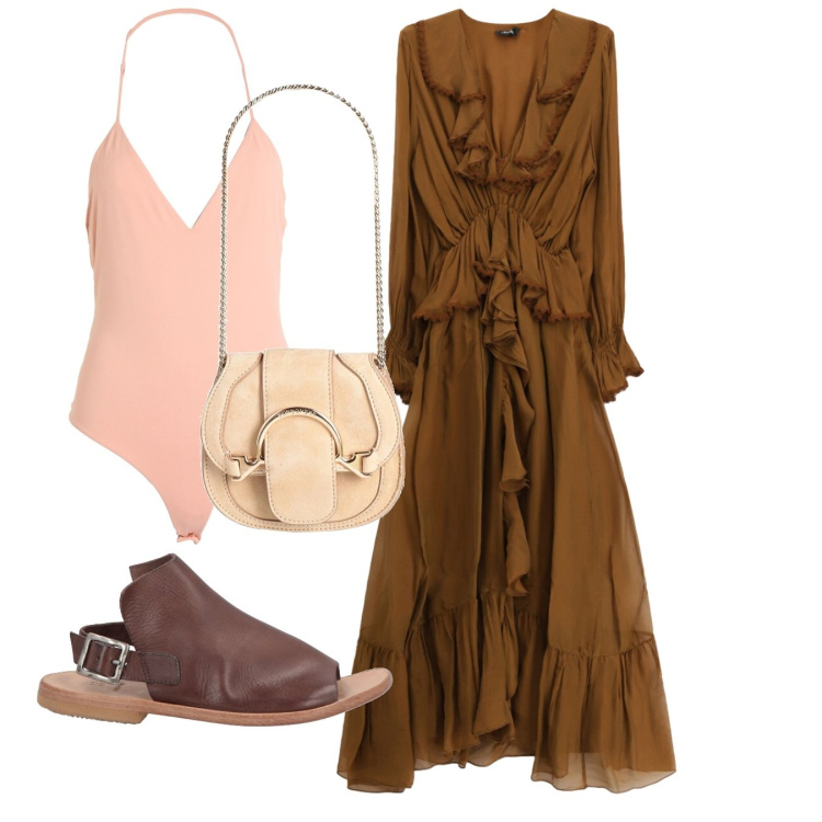 Outfit donna - Rouches. Stile Romantica per Tutti i giorni. Abbinamento con sandali in pelle, marsupi, body, vestiti midi/longuette.