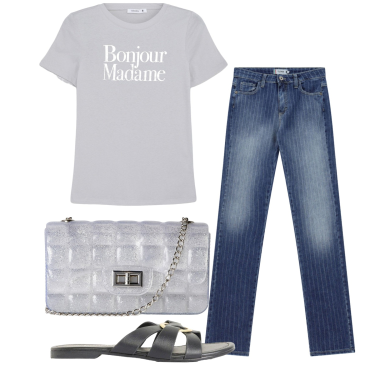Outfit donna - Bonjour. Stile Casual per Tutti i giorni. Abbinamento con ciabatte, t-shirt, borse a tracolla, jeans.