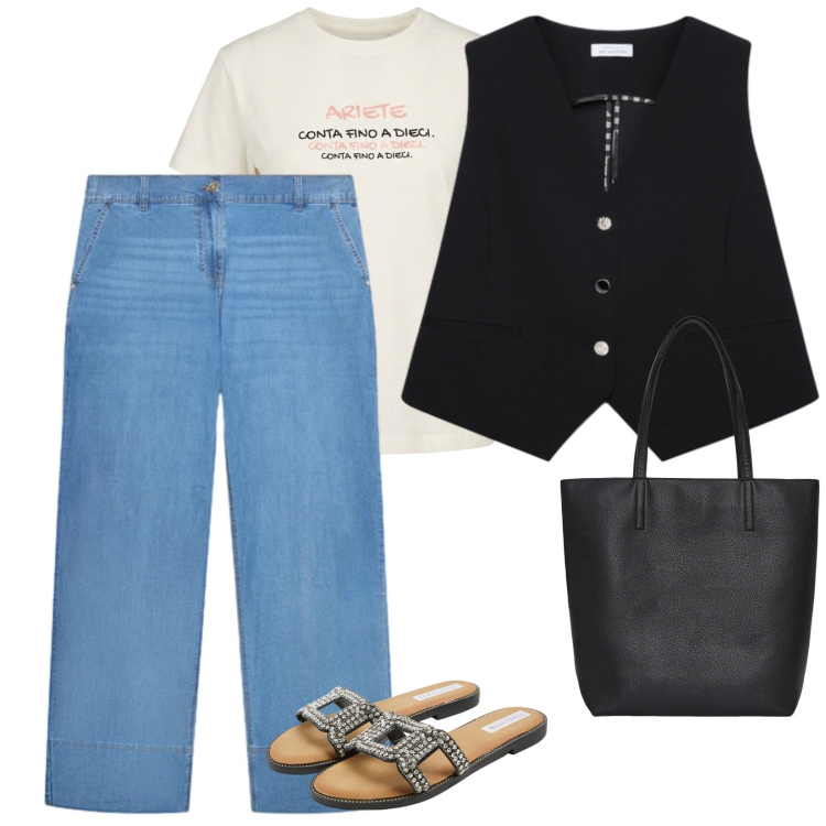 Outfit donna - Sensa impegni. per Tutti i giorni. Abbinamento con ciabatte, borse tote, gilet, jeans, t-shirt.