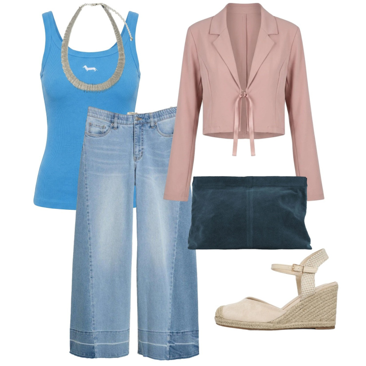 Outfit donna - Outfit improvviso. per Serata fuori. Abbinamento con jeans, zeppe, canottiere, pochette, collane, bolero.