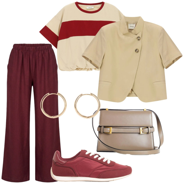 Outfit donna - Fine agosto. per Scuola/Università. Abbinamento con orecchini, borse a tracolla, sneakers, blazer, t-shirt, pantaloni a palazzo.