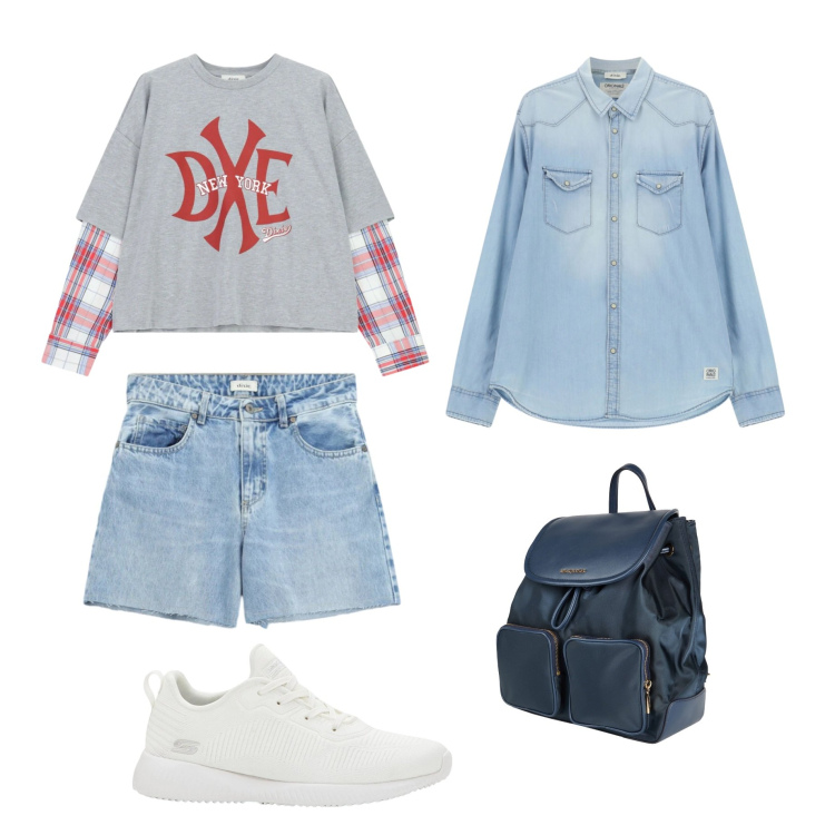 Outfit donna - Grigliata di ferragosto in montagna. Stile Casual per Sport. Abbinamento con zaini, sneakers, camicie, shorts, t-shirt.
