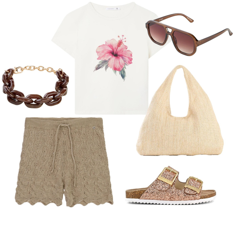 Outfit donna - Passeggiata d\'agosto. per Mare. Abbinamento con shopping bag, occhiali da sole, braccialetti, t-shirt, shorts, sandali.