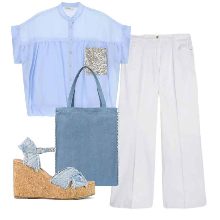 Outfit donna - Casual curato. Stile Casual per Ufficio. Abbinamento con borse tote, camicie a manica corta, pantaloni, zeppe.