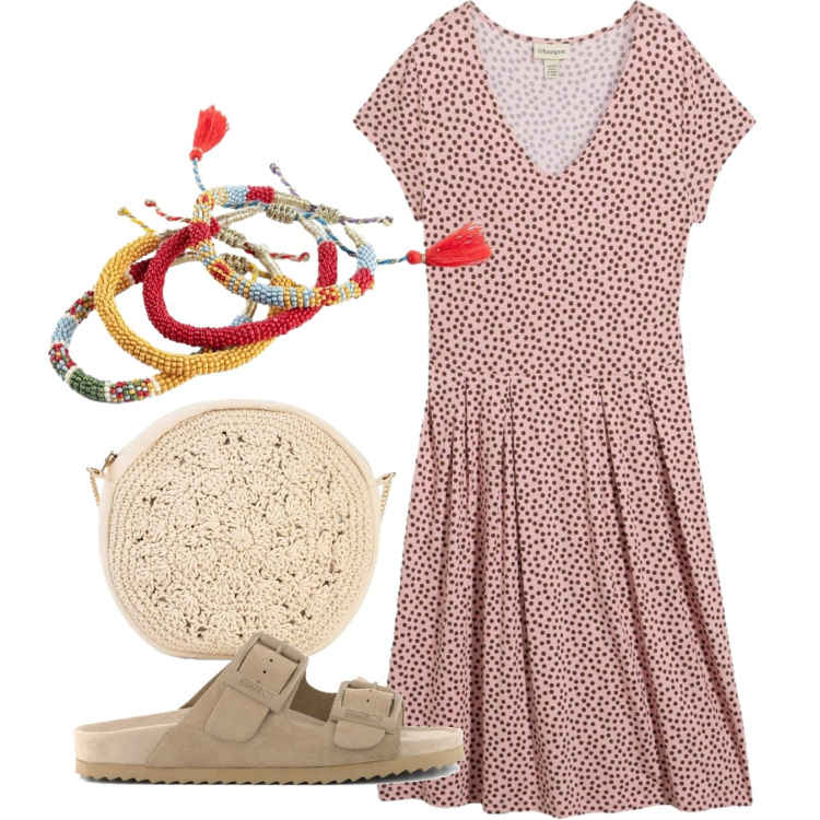 Outfit donna - Bon ton. Stile Bon Ton per Tutti i giorni. Abbinamento con braccialetti, vestiti, borse a tracolla, sandali in pelle.