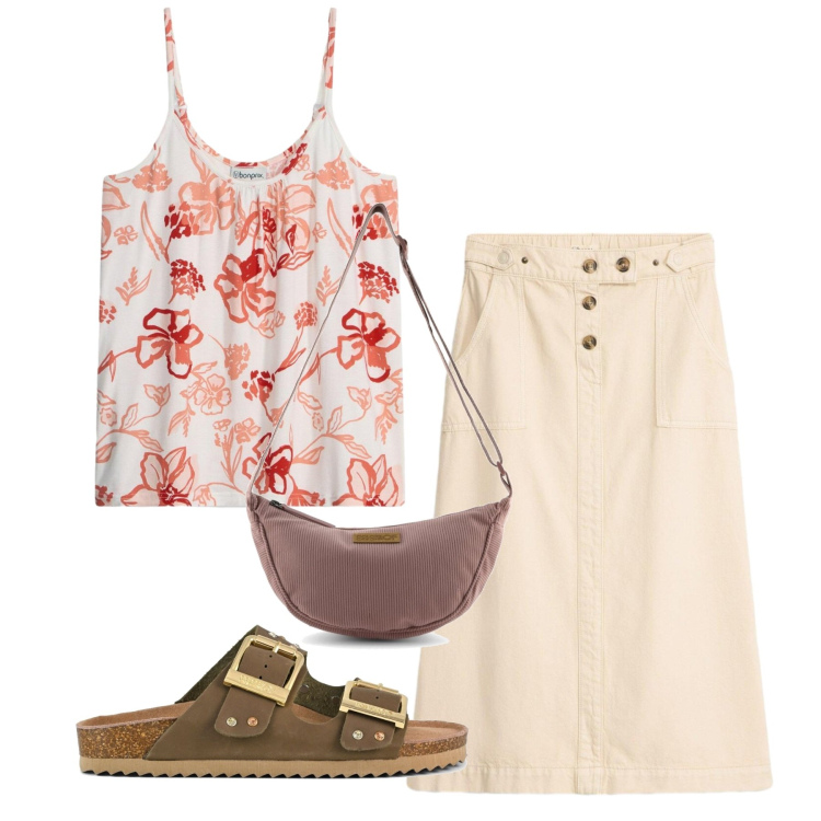 Outfit donna - Semplice. Stile Bon Ton per Tutti i giorni. Abbinamento con canottiere, gonne longuette, sandali, borse a tracolla.