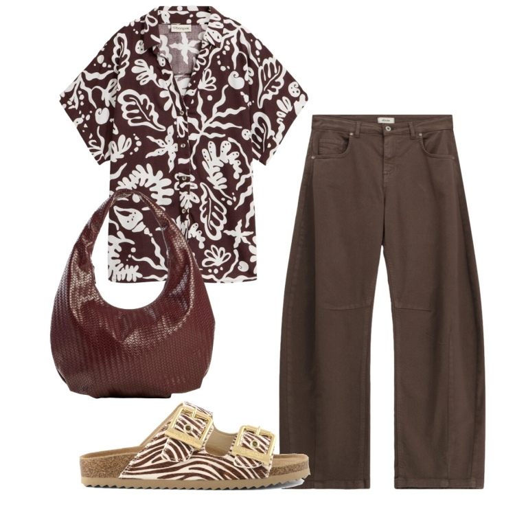 Outfit donna - Moka. Stile Casual per Tutti i giorni. Abbinamento con borse a mano, camicie a manica corta, pantaloni, sandali in pelle.