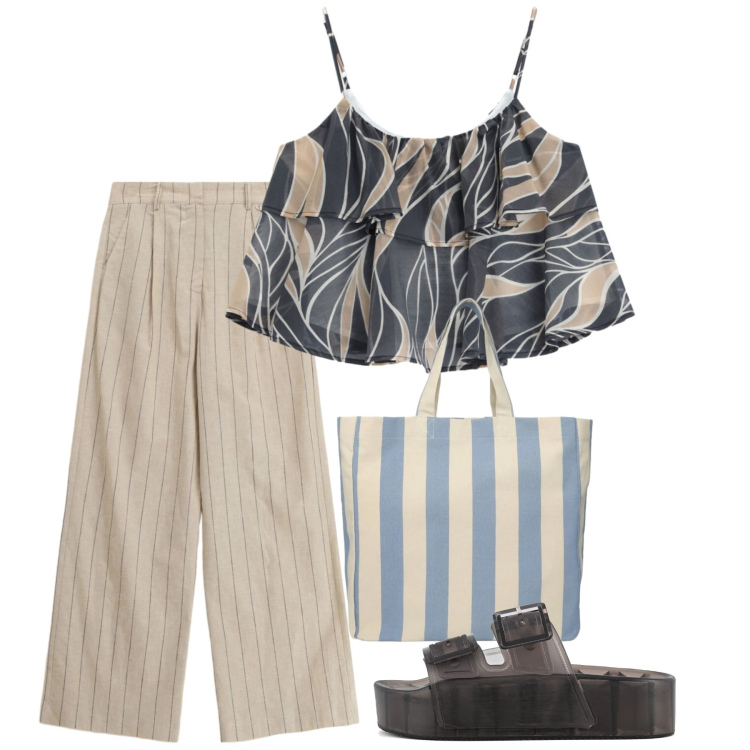 Outfit donna - Agosto. Stile Bon Ton per Tutti i giorni. Abbinamento con shopping bag, top, pantaloni a palazzo, sandali.