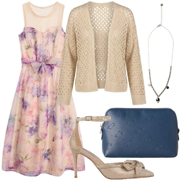 Outfit donna - Serata estiva. Stile Glamour per Serata fuori. Abbinamento con décolleté, vestiti midi/longuette, pochette, ciondoli, cardigans.