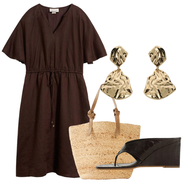 Outfit donna - Mokita. Stile Bon Ton per Tutti i giorni. Abbinamento con vestiti, shopping bag, orecchini, sandali col tacco.