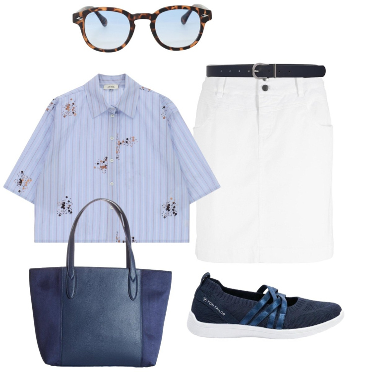 Outfit donna - Casual chic a righe. Stile Casual chic per Tutti i giorni. Abbinamento con gonne longuette, sneakers, shopping bag, cinture, camicie a manica corta, occhiali da sole.