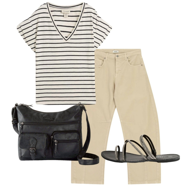 Outfit donna - Casual. Stile Casual per Tutti i giorni. Abbinamento con borse a tracolla, t-shirt, pantaloni, sandali.