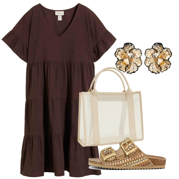 Outfit donna - Agosto. Stile Bon Ton per Tutti i giorni. Abbinamento con vestiti, borse tote, orecchini, sandali.