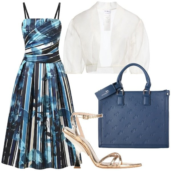 Outfit donna - Cena d’agosto vista mare. Stile Glamour per Serata fuori. Abbinamento con sandali in pelle, blazer, borse a mano, vestiti midi/longuette.