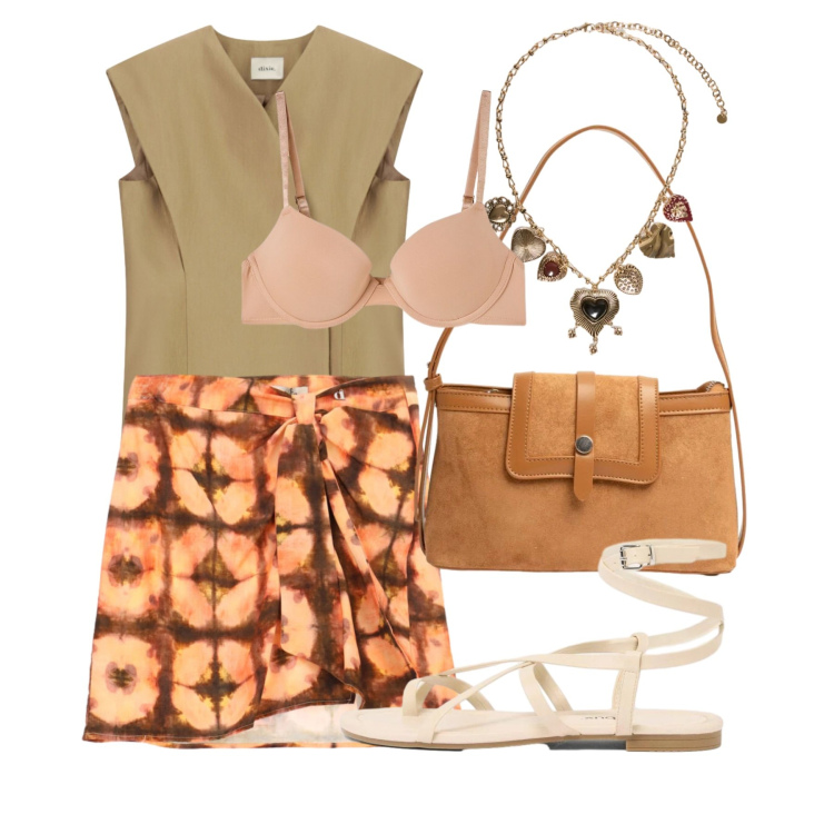 Outfit donna - Agosto. Stile Bon Ton per Tutti i giorni. Abbinamento con sandali, gilet, minigonne, reggiseni push-up, collane, borse a tracolla.