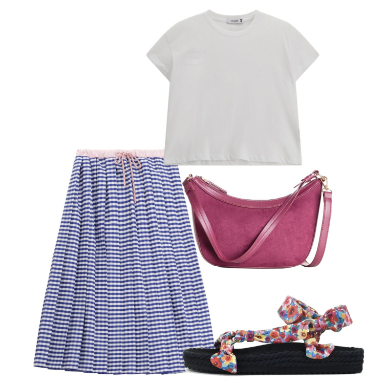 Outfit donna - Agosto. Stile Bon Ton per Tutti i giorni. Abbinamento con borse a tracolla, gonne longuette, t-shirt, sandali.