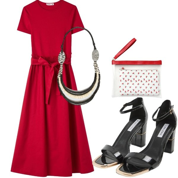 Outfit donna - A cena fuori. Stile Casual chic per Serata fuori. Abbinamento con vestiti lunghi, sabot, pochette, collane.