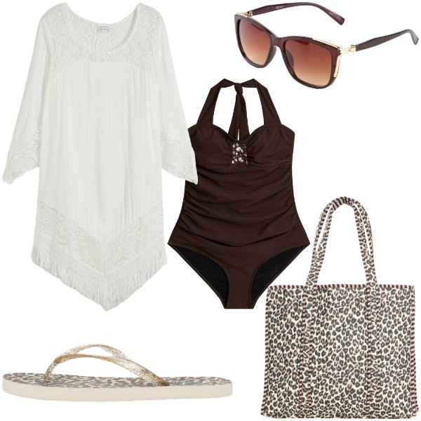 Outfit donna - Accessori animalier. Stile Chic per Mare. Abbinamento con vestiti da spiaggia, occhiali da sole, costumi interi, shopping bag, infradito.