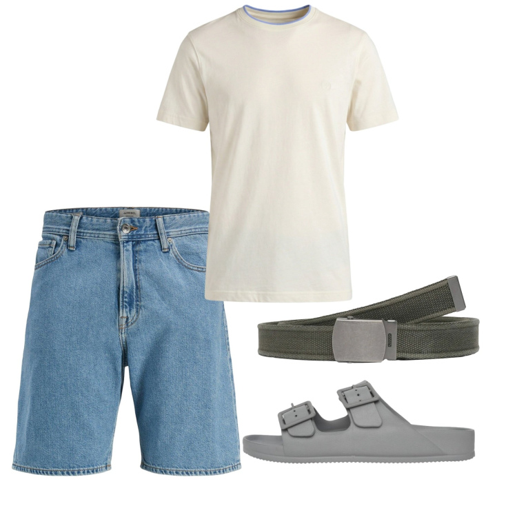 Outfit uomo - Agosto. Stile Casual per Tutti i giorni. Abbinamento con shorts, t-shirt, sandali, cinture.