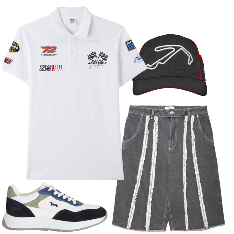 Outfit uomo - Total look #2452052. Stile Urban per Tutti i giorni. Abbinamento con sneakers, bermuda, polo, cappelli con visiera.