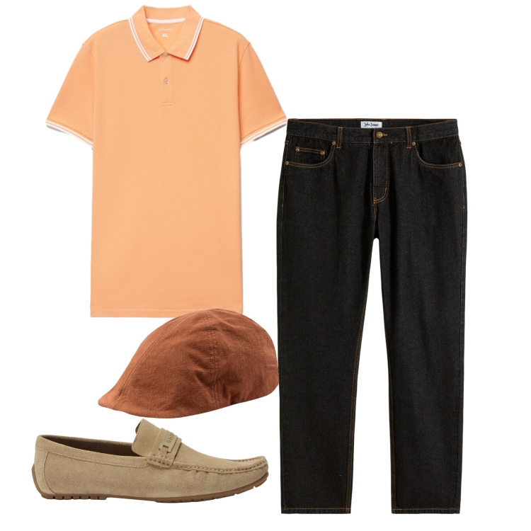 Outfit uomo - Orange. Stile Casual per Tutti i giorni. Abbinamento con jeans dritti, scarpe stringate, polo, cappelli con visiera.