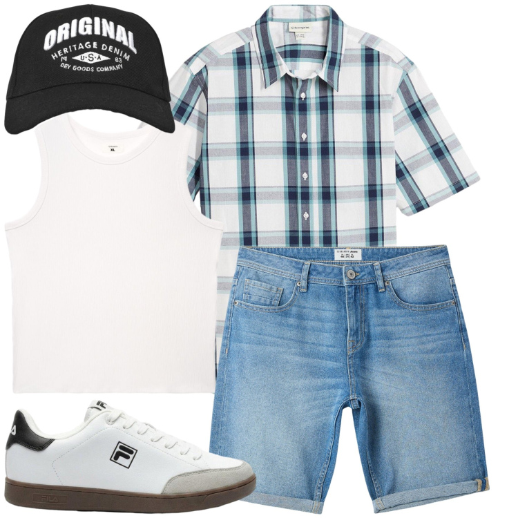 Outfit uomo - Total look #2452061. Stile Trendy per Tutti i giorni. Abbinamento con camicie a manica corta, sneakers, bermuda, cappelli con visiera, canottiere.