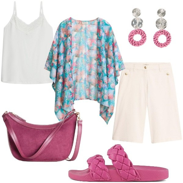 Outfit donna - Accessori fucsia. Stile Casual per Mare. Abbinamento con kimono, bermuda, orecchini, top, borse a tracolla, ciabatte.