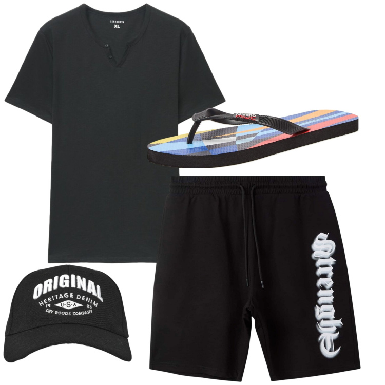 Outfit uomo - Total look #2452067. Stile Urban per Tutti i giorni. Abbinamento con sandali, bermuda, cappelli con visiera, t-shirt.